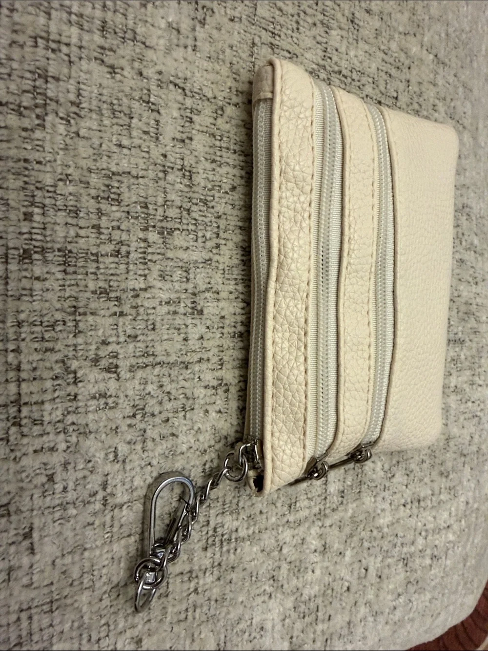 Cream Faux Leather Zip Pouch Keychain Wallet